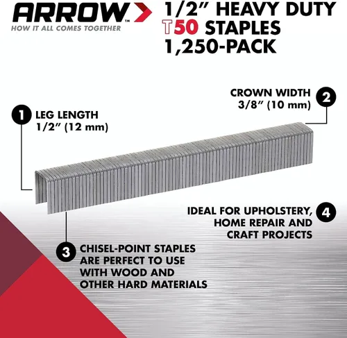 Miniatura 2 de Arrow 508 Heavy Duty T50 Longitud de pierna de 1/2 pulgada, corona de 3/8 pulgadas, grapas para tapicería, construcción, muebles, manualidades, 1250