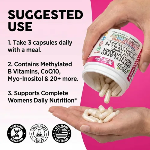 Miniatura 6 de Multivitamino Metilado para Mujeres Vitaminas B6 Metil B12 A B C D K E Folato Colina Omega 3 Tiamina Riboflavina Hierro Yodo Magnesio Zinc Selenio