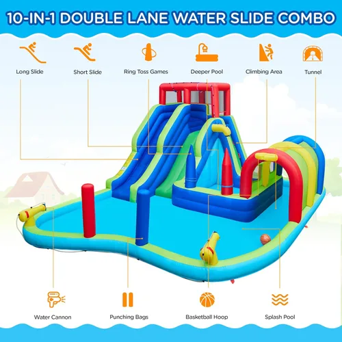 Miniatura 5 de Yaheetech Tobogán acuático inflable, tobogán acuático de doble carril con túnel largo y pared de escalada y sacos de boxeo y juego de lanzamiento
