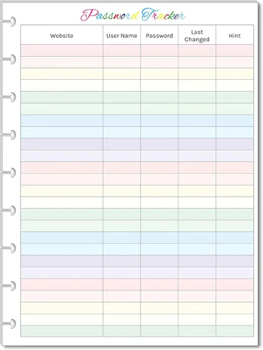 Rastreador de contraseñas de color para planificadores de 9 discos, registro de contraseñas, insertos de planificador preperforados, lista de