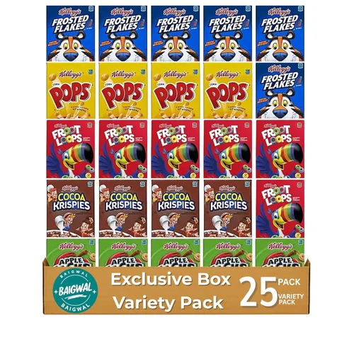 Paquete variado de mini cajas de cereales, surtido de cereales de desayuno de una sola porción, caja de regalo de paquete de cuidado, 25 unidades