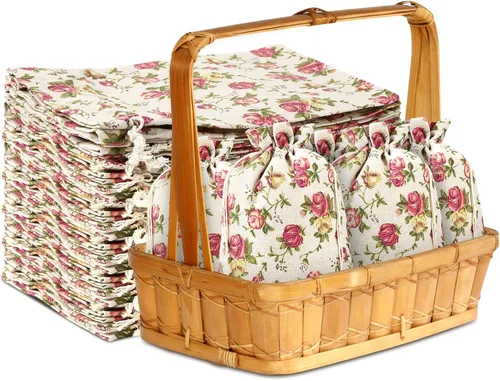 Pangda 30 Piezas Bolsas con Cordón de Rosas Tamaño Pequeño Bolsa de Arpillera con Flores Bolsillo de Lino para Regalos Bolsa para Joyas para Bodas