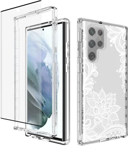 Funda para Galaxy S22 Ultra 5G SM-S908U con protector de pantalla de vidrio templado, bonito patrón de mandala transparente, funda protectora de