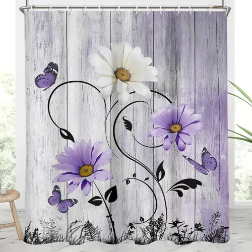 Miniatura 18 de AAtter Cortina de ducha floral azul rústica boho gris blanco amarillo margarita naturaleza negro botánico telón azul verdoso turquesa tela única