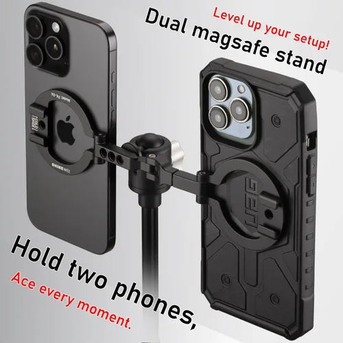 Miniatura 2 de Soporte de teléfono de doble anillo magnético – Soporte plegable de aluminio CNC de rotación de 360°, tornillo de 1/4 pulgadas, interfaz de zapata