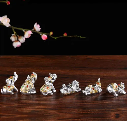 Miniatura 6 de Brass Statu BRABUD BS122 - Juego de 6 estatuas de elefantes pequeños de resina plateada para decoración del hogar, colección de regalo (plateado)