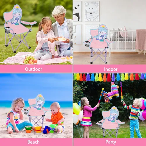 Miniatura 7 de KABOER Silla plegable para césped y camping para niños con portavasos y bolsa de transporte, sillas de camping para niños rosado sirena