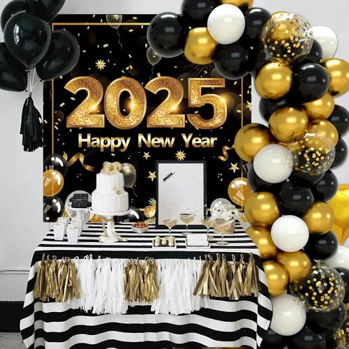 Miniatura 6 de Suministros para fiesta de Año Nuevo 2025, decoraciones de Año Nuevo, globos de confeti negro y dorado, kit de arco de guirnalda de globos de feliz