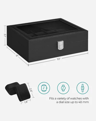 Miniatura 6 de SONGMICS Caja de reloj, caja de reloj de 10 ranuras con tapa de vidrio grande, almohadas extraíbles para reloj, organizador de caja de reloj, regalo