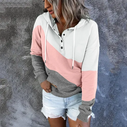 Miniatura 4 de Sudaderas con capucha de moda con bloques de color para mujer sueltas casuales con botones manga larga con cordón con bolsillo
