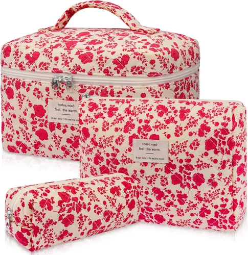 Miniatura 20 de Set de bolsas de maquillaje, bolsa de maquillaje acolchada, bolsa de cosméticos floral grande para mujeres, lindas bolsas de maquillaje de algodón