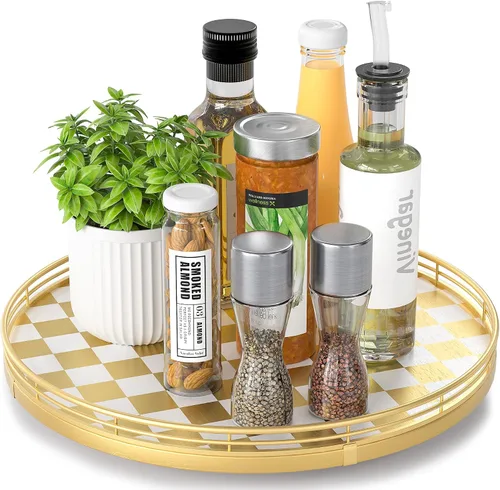 Miniatura 55 de Marble Lazy Susan - Tocadiscos para mesa, bandeja redonda de mármol de grano de madera antigua de 10 pulgadas para mesa de comedor, encimera de Negro