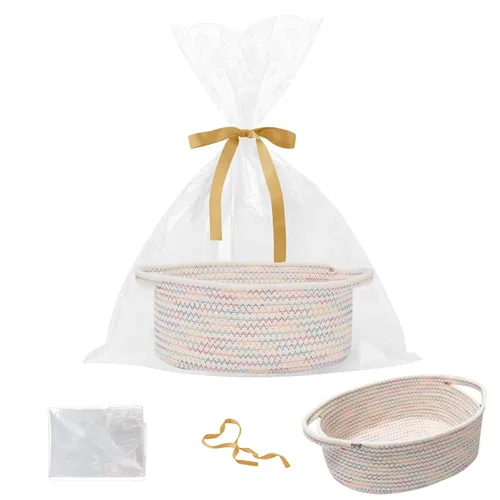 Miniatura 33 de Paquete de 2 canastas pequeñas de cuerda tejida, cesta de regalo vacía con bolsa y cintas, bonita caja organizadora con asa para cumpleaños/baby