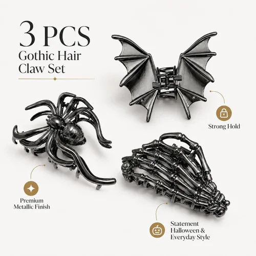 Miniatura 2 de Parcce 3 pinzas góticas para el cabello para mujer, pinzas de mano de esqueleto de murciélago negro metálico, accesorios de cabello de Halloween