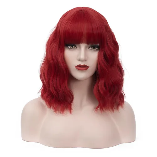 Miniatura 9 de BUFASHION Peluca rizada corta ondulada de 14 pulgadas para mujer, peluca sintética para cosplay, Halloween, peluca con flequillo lateral (negro)