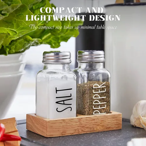 Miniatura 5 de Salero y pimentero de cristal con soporte, juego de sal y pimienta transparente Dopeca con organizador de madera para encimera de cocina o mesa