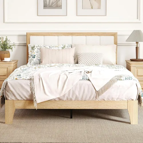 Miniatura 12 de HOMCOM Base de cama de tamaño matrimonial con cabecera tapizada, marco de cama de plataforma con listones de madera, no necesita somier, fácil
