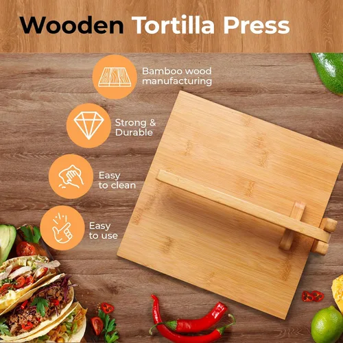 Miniatura 2 de Prensa de tortilla de madera de 10 pulgadas, con rodillo y 50 piezas de papel pergamino, para tortillera mexicana casera, roti, chapati, taco, Square