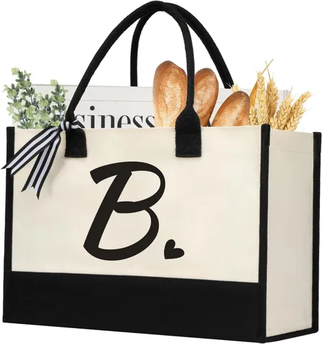 Miniatura 19 de shenee - Bolsa de lona con inicial, bolsa de yute personalizada para la playa, regalo de vacaciones para mujeres, cumpleaños de amigos, boda, año