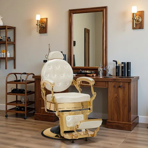 Miniatura 2 de BarberPub Silla de peluquero resistente para hombres con reposacabezas, sillas reclinables hidráulicas de metal antiguo multiusos, equipo de Blanco