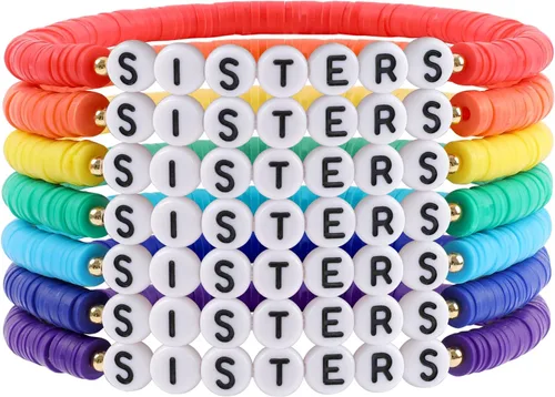 Miniatura 20 de Juego de pulseras heishi arcoíris estilo surfista para mujer, juego de pulseras apilables de cuentas de arcilla, pulseras elásticas con disco