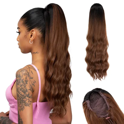 Miniatura 11 de Extensión de cabello corto negro con cordón para mujeres negras, cola de caballo recta de 14 pulgadas con rizos finales, postizos sintéticos