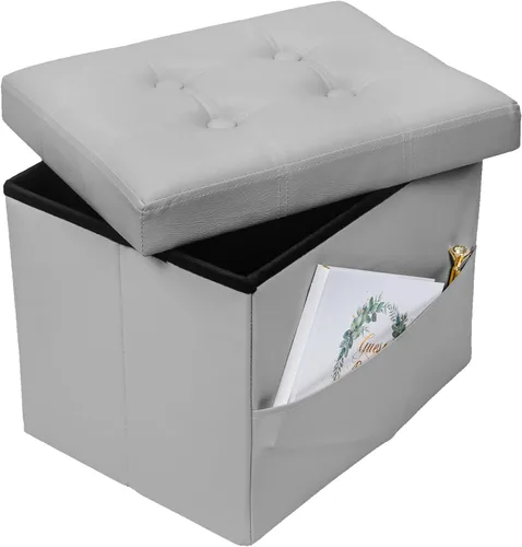 Miniatura 17 de Bsketa Otomana Taburete Reposapiés de Almacenamiento, Banco Pequeño de Otomanas de Almacenamiento de Cuero, Taburete Plegable con Tapa con Asas