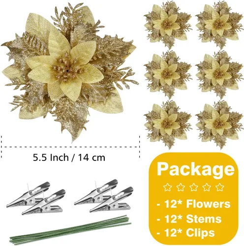 Miniatura 7 de FurRain Flores Artificiales de Navidad de Poinsettia 5.5" Guirnalda de Árbol de Navidad 12 Piezas Flores con Brillantina Adornos para Navidad Nueva