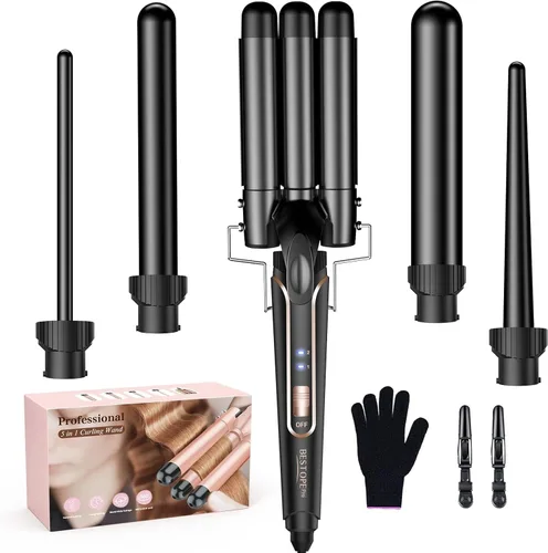 Waver Curling Iron Wand - BESTOPE PRO 5 in 1 Curling Wand Set with 3 Barrel Hair Crimper for Women, Fast Heating Crimper Wand Curler in All Hair