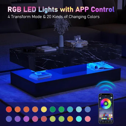 Miniatura 6 de HOMFAMILIA - Mesa de café LED con 2 cajones de almacenamiento, mesa de café moderna de alto brillo en negro con luces LED de 20 colores, mesa
