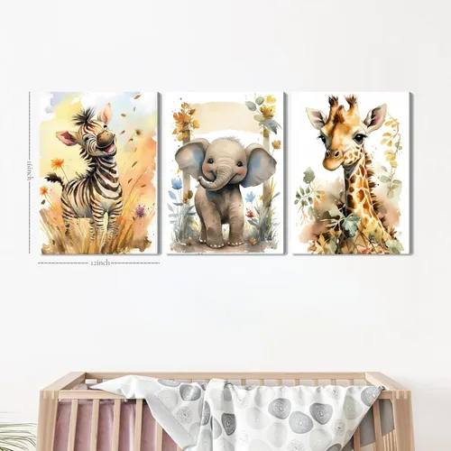 Miniatura 3 de Juego de 3 Arte de Pared de Animales del Bosque, Lienzo de Decoración de Pared con Imágenes de Animales Salvajes para Guardería, Lindo Póster