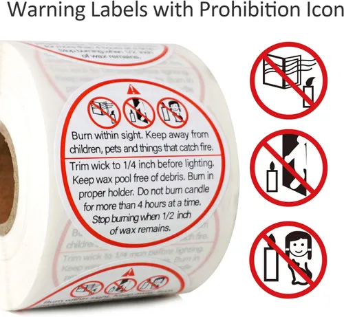 Miniatura 2 de Etiquetas de advertencia de velas grandes de 2 pulgadas con icono de prohibición, 500 piezas de calcomanías para hacer velas de cera de soja