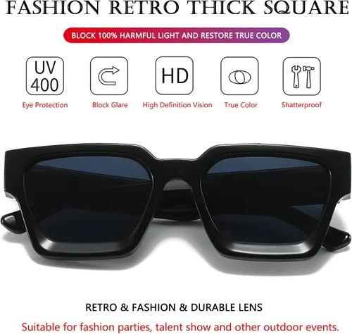 Miniatura 3 de AIEYEZO Gafas de sol cuadradas para mujeres y hombres, gafas de sol cuadradas con montura gruesa, estilo de diseñador simple