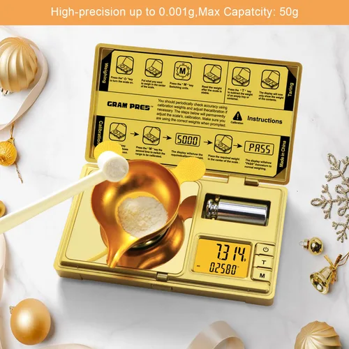 Miniatura 2 de GRAM PRES Balanza de miligramo de alta precisión, 50g/0.001g, báscula digital mini de bolsillo, báscula de gramos para pesar polvos, joyas, Dorado