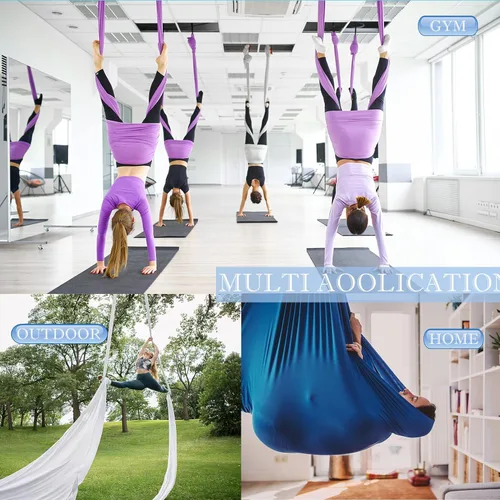 Miniatura 5 de Juego de columpio de yoga de seda aérea de 5.5 yardas - Kit de hamaca de yoga aérea antigravedad volador para fitness, tela de tricot de nailon