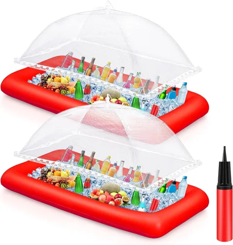 Miniatura 7 de Leitee Kit de barra inflable de 5 piezas, incluye bandeja de buffet de ensalada con tapón de drenaje, cubierta de malla, recipientes de bebidas