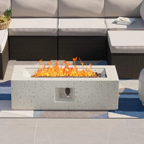 Miniatura 12 de SUNBURY Mesa redonda para fogata de propano de 28 pulgadas, mesa redonda con tanque de 40.000 BTU, mesa de gas blanca manchada para patio