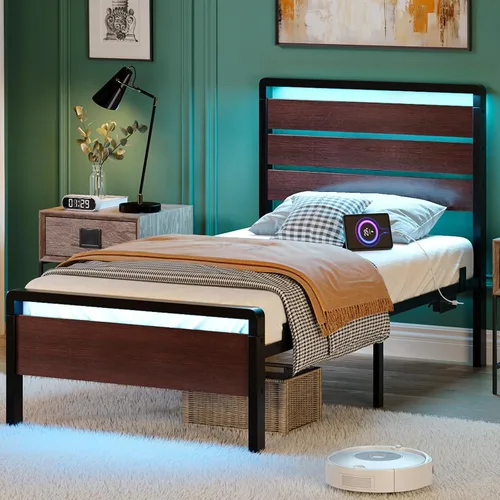 Miniatura 12 de VINGLI Base de cama de plataforma individual con cabecero y estribo LED, estación de carga USB, cama de panel de metal con espacio de almacenamiento