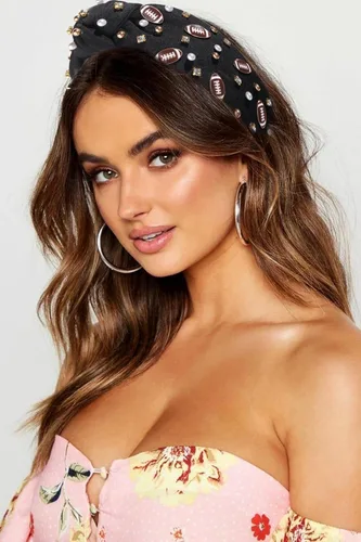 Miniatura 7 de Diadema de fútbol para mamá, accesorios de perlas con diamantes de imitación anudados, banda ancha para el pelo negra, diadema de nudo superior