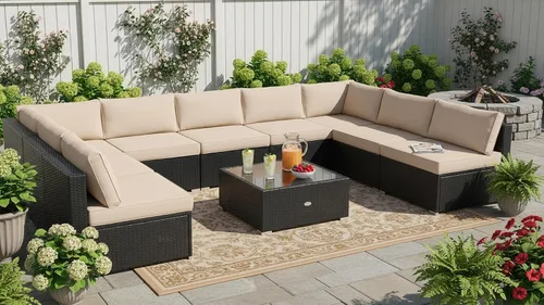 Miniatura 32 de Tangkula Patiojoy - Juego de muebles de ratán de 7 piezas, juego de conversación al aire libre con cojines y mesa de centro de vidrio templado