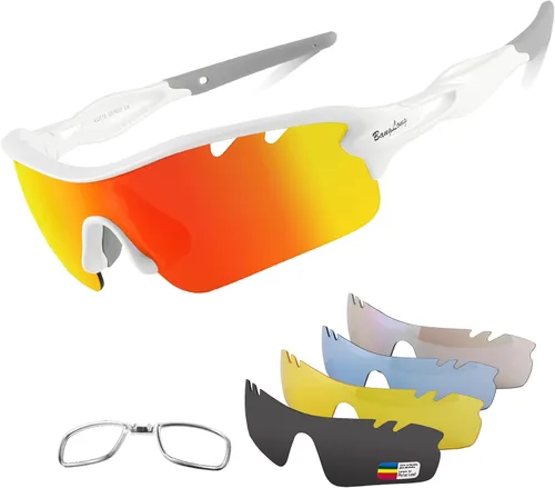 BangLong Polarized Sports Sunglasses Cycling Sun Glasses for Men Women with 5 Interchangeable Lenes for Running Driving Blanco y rojo