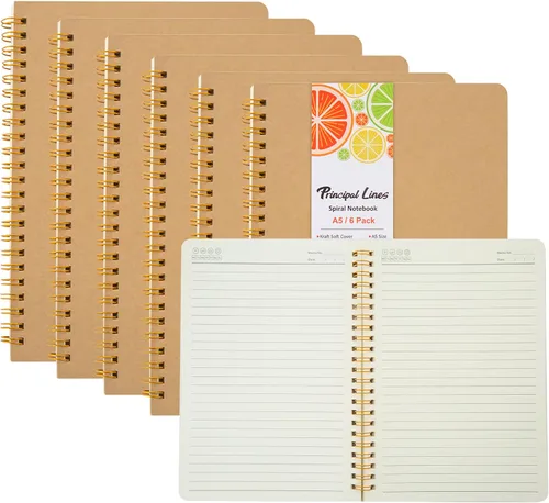 Cuaderno de espiral a rayas, paquete de 6 cuadernos rayados para el trabajo y la escuela, diarios A5 a granel, tapa suave, diario de viaje en