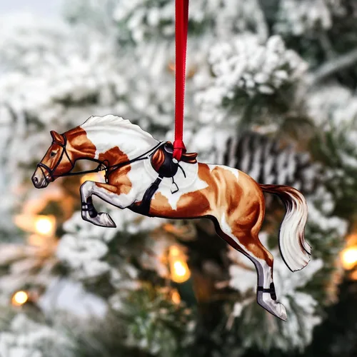 Miniatura 3 de Adorno de Navidad de caballo cazador, decoración de salto de caballo deportivo, regalos de caballo para ecuestre (Tobiano castaño y blanco)