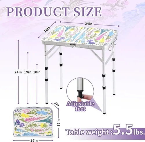Miniatura 3 de Yriuat Mesa de camping plegable 2 pies de altura ajustable portátil pequeña mesa de cartas de aluminio plegable ligera con asa de transporte