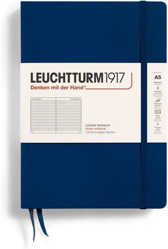 LEUCHTTURM1917 - Cuaderno de tapa dura mediano A5 con 251 páginas numeradas para escritura y diario (azul marino, rayado)