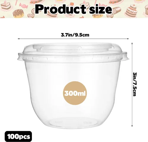 Miniatura 2 de Paquete de 100 vasos de plástico desechables apilables transparentes de 10 onzas con tapas planas, tazas de helado PET de 10.1 fl oz con tapas