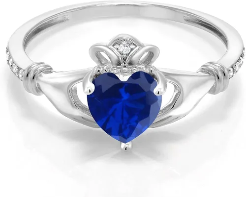 Miniatura 2 de Gem Stone King Anillo Claddagh celta irlandesa de oro blanco de 10 quilates con zafiro y diamante blanco para mujer