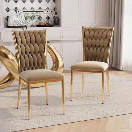 Miniatura 21 de Juego de 2 sillas de comedor de terciopelo, modernas sillas de cocina tejidas con patas de metal dorado, cojín tapizado con respaldo alto