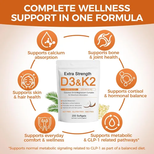 Miniatura 6 de Vitamina D3 K2 de 10000 UI, extra fuerte Wellness D3K2 con triple magnesio y aceite de coco para una máxima absorción, apoya la salud ósea e