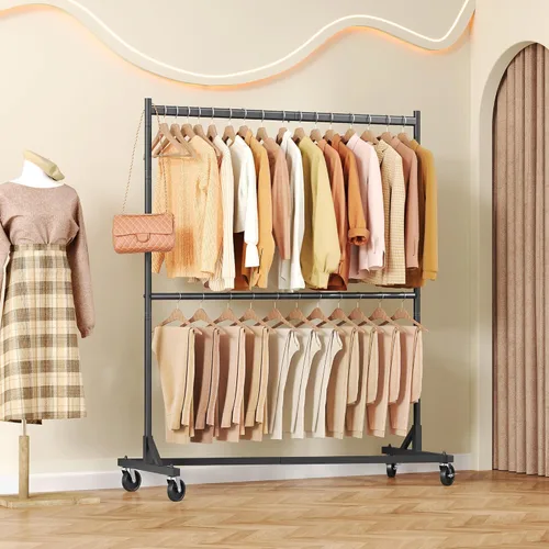 Miniatura 2 de Hoctieon Estante de doble barra Z, estantes de ropa rodantes con base en Z, perchero ajustable para ropa, perchero de pie para ropa de pie, perchero